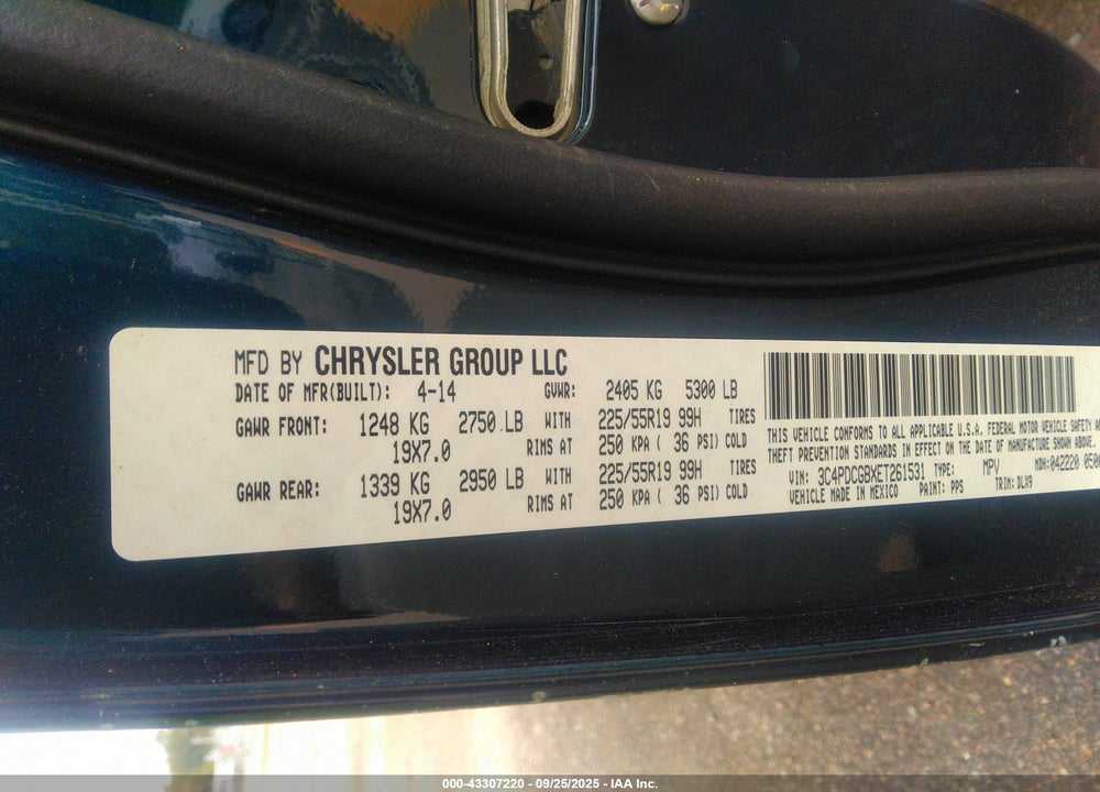 2014 DODGE JOURNEY VIN: 3C4PDCGBXET261531