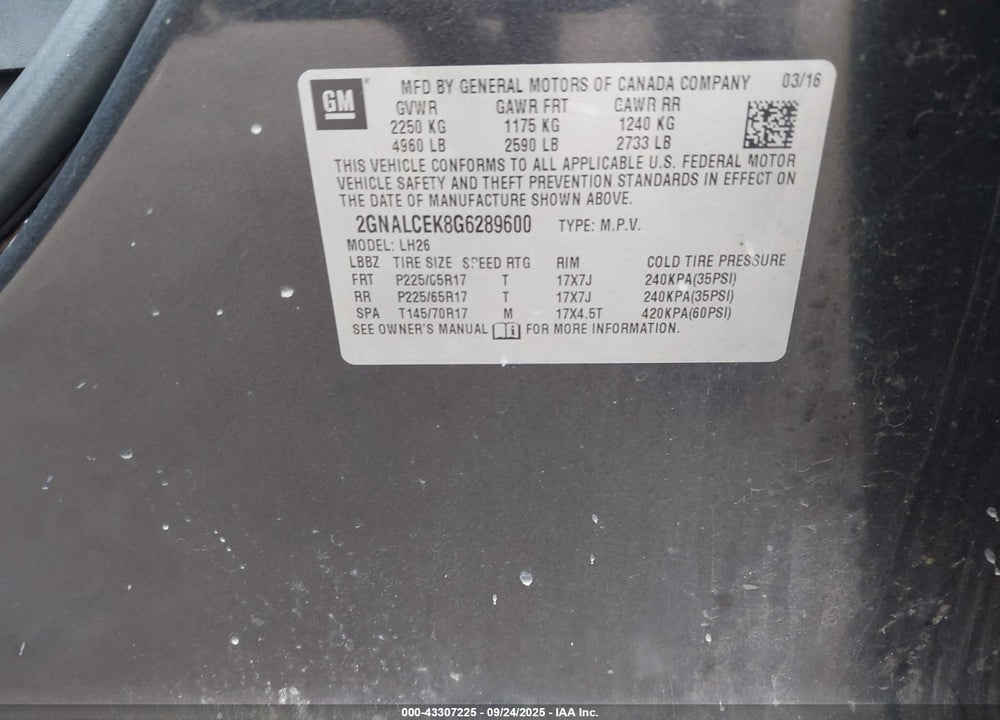 2016 CHEVROLET EQUINOX VIN: 2GNALCEK8G6289600