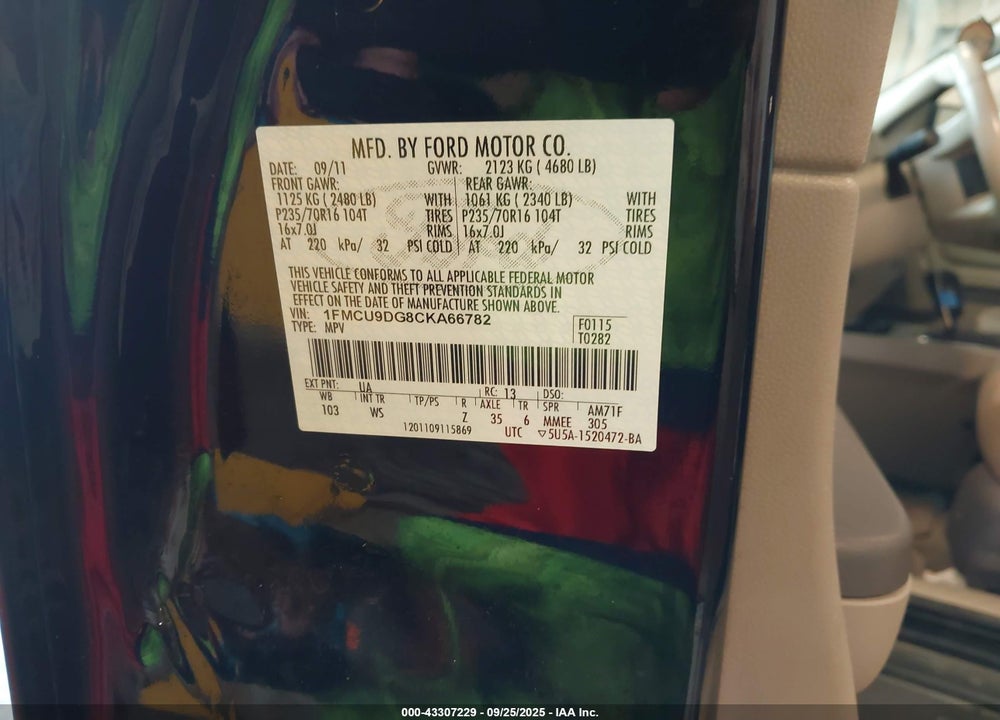 2012 FORD ESCAPE VIN: 1FMCU9DG8CKA66782