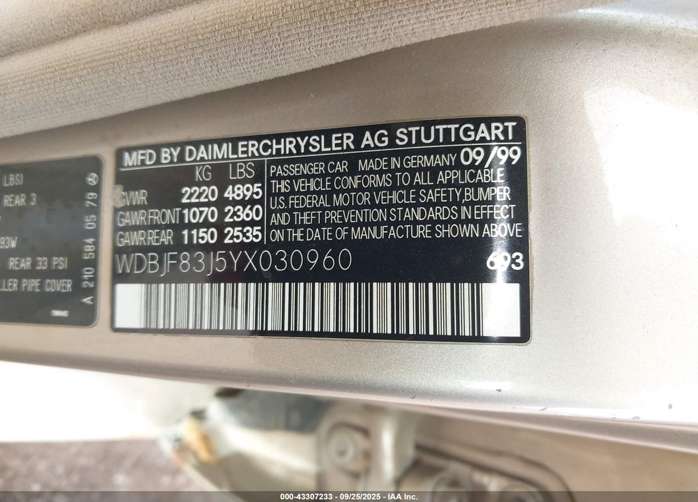 2000 MERCEDES-BENZ E 430 4M VIN: WDBJF83J5YX030960