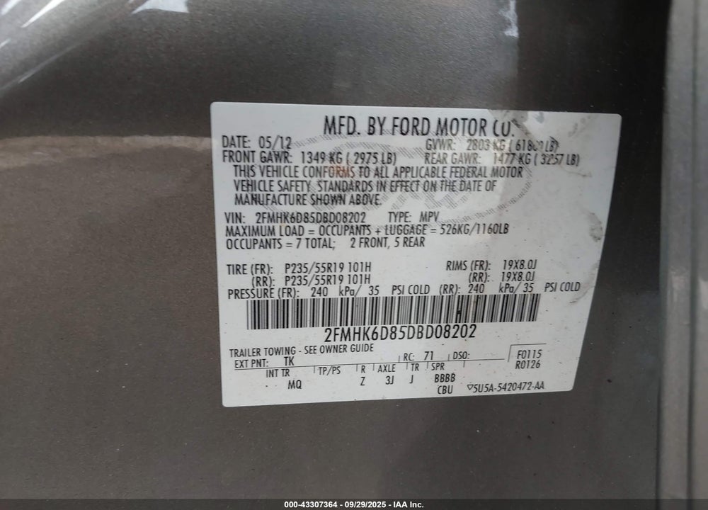 2013 FORD FLEX VIN: 2FMHK6D85DBD08202