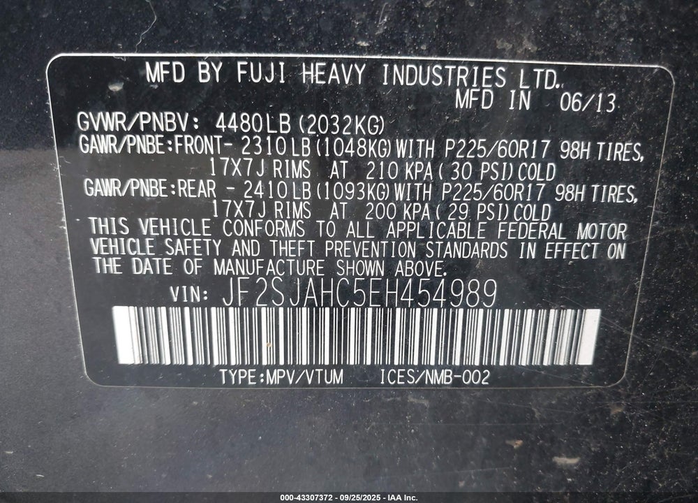 2014 SUBARU FORESTER VIN: JF2SJAHC5EH454989