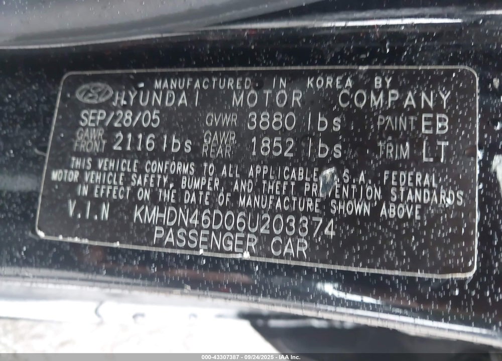 2006 HYUNDAI ELANTRA GLS/LIMITED VIN: KMHDN46D06U203374