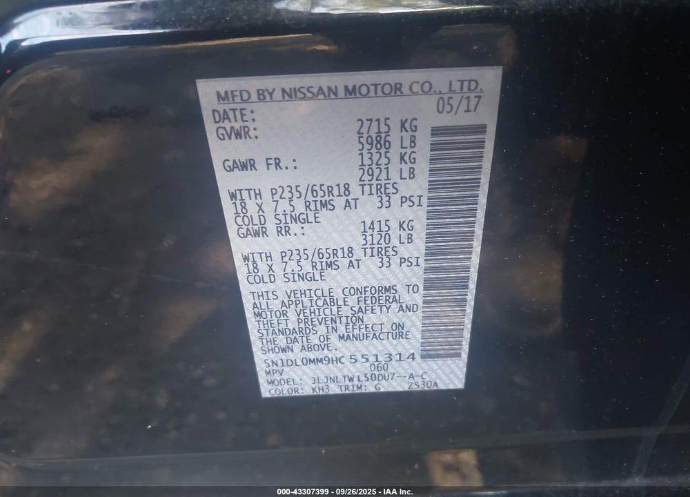 2017 INFINITI QX60 VIN: 5N1DL0MM9HC551314