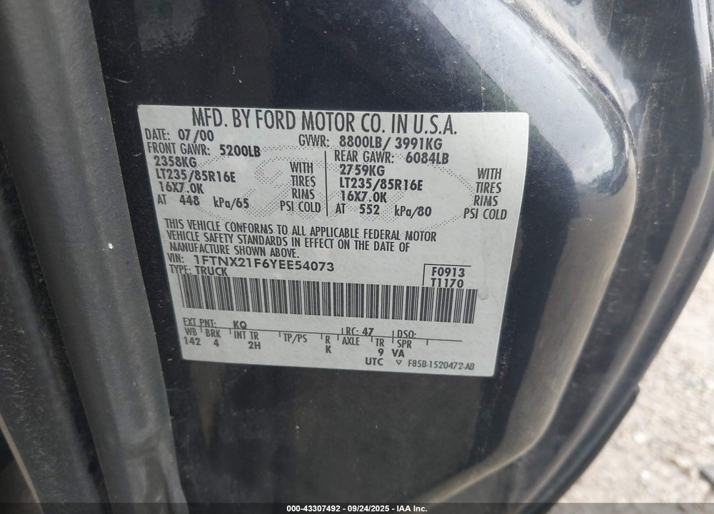 2000 FORD F-250 LARIAT/XL/XLT VIN: 1FTNX21F6YEE54073