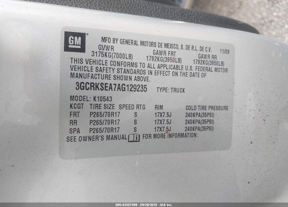 2010 CHEVROLET SILVERADO 1500 VIN: 3GCRKSEA7AG129235