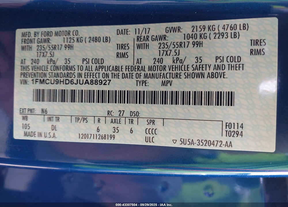 2018 FORD ESCAPE VIN: 1FMCU9HD6JUA88927
