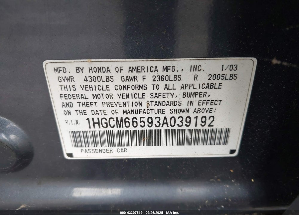 2003 HONDA ACCORD 3.0 EX VIN: 1HGCM66593A039192