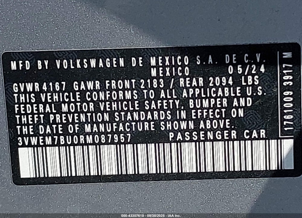 2024 VOLKSWAGEN JETTA VIN: 3VWEM7BU0RM087957