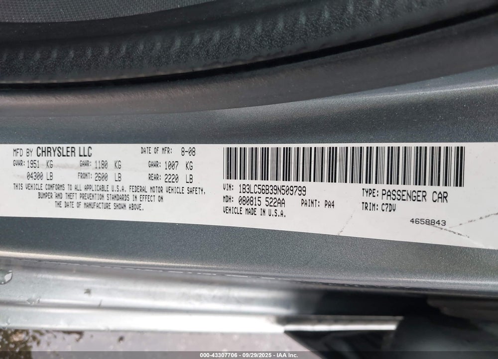 2009 DODGE AVENGER VIN: 1B3LC56B39N509799