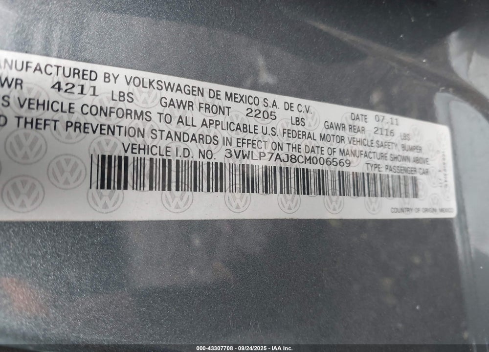 2012 VOLKSWAGEN JETTA VIN: 3VWLP7AJ8CM006569