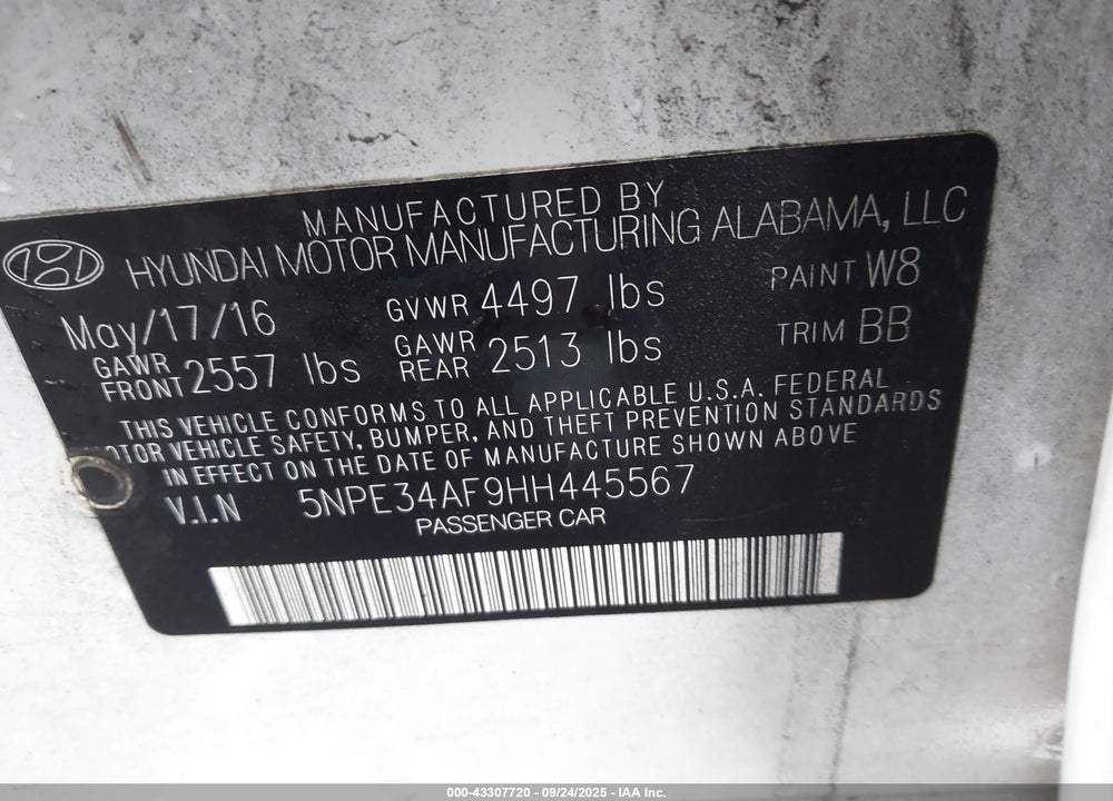 2017 HYUNDAI SONATA SPORT VIN: 5NPE34AF9HH445567