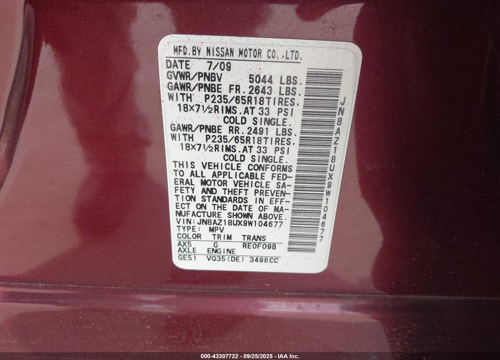 2009 NISSAN MURANO VIN: JN8AZ18UX9W104677