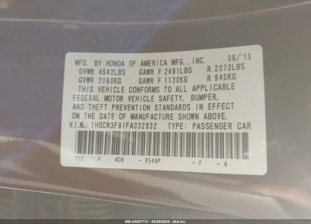 2015 HONDA ACCORD VIN: 1HGCR3F81FA032932
