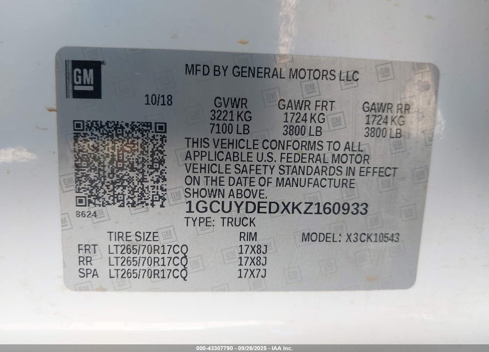 2019 CHEVROLET SILVERADO 1500 LT VIN: 1GCUYDEDXKZ160933