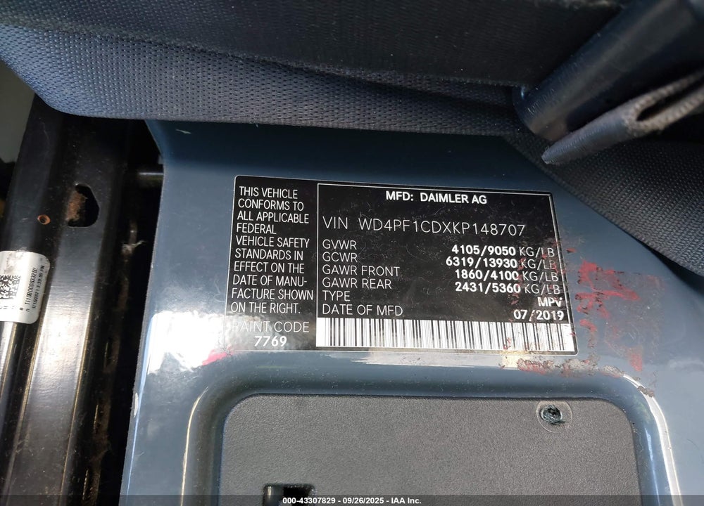 2019 MERCEDES-BENZ SPRINTER 2500 HIGH ROOF V6 VIN: WD4PF1CDXKP148707