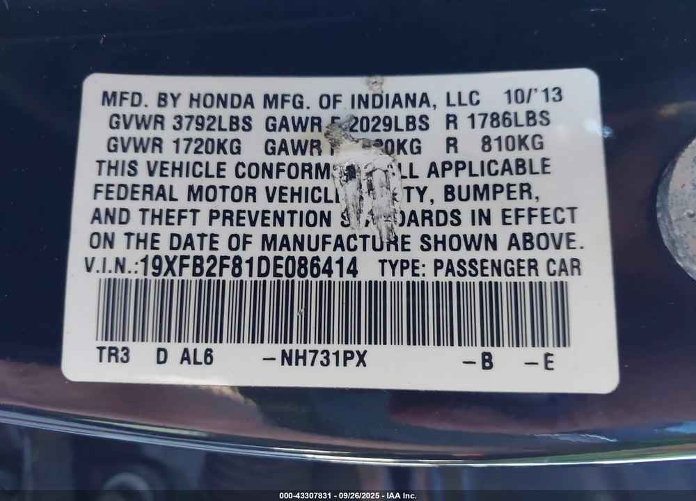 2013 HONDA CIVIC EX VIN: 19XFB2F81DE086414