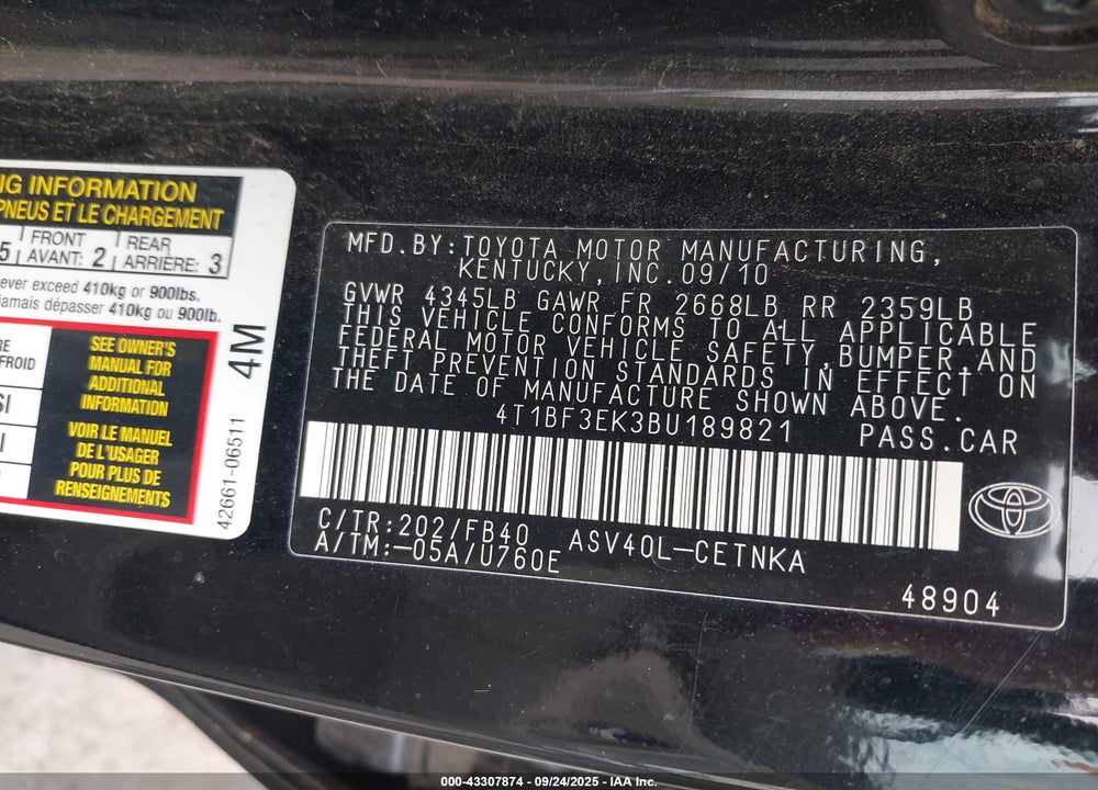 2011 TOYOTA CAMRY LE VIN: 4T1BF3EK3BU189821