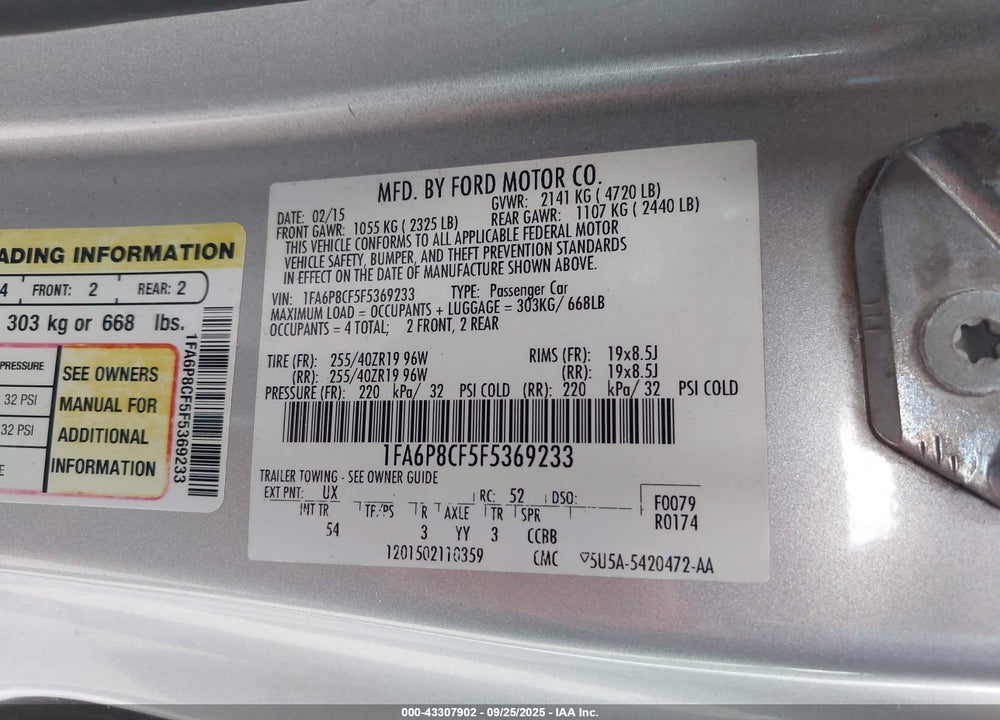 2015 FORD MUSTANG VIN: 1FA6P8CF5F5369233