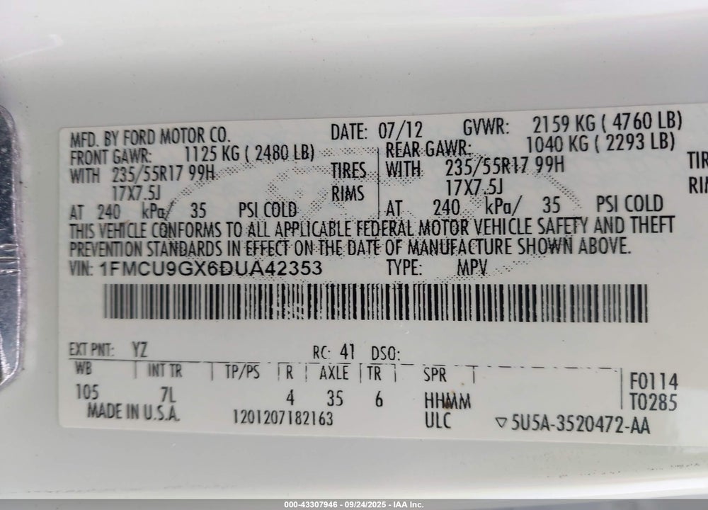 2013 FORD ESCAPE VIN: 1FMCU9GX6DUA42353