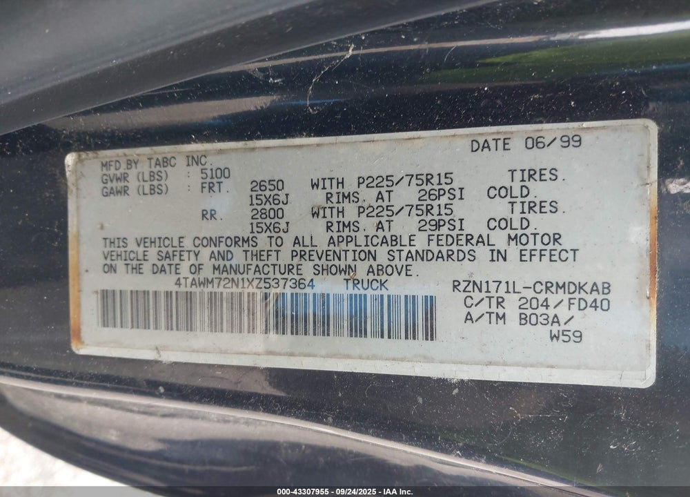 1999 TOYOTA TACOMA VIN: 4TAWM72N1XZ537364