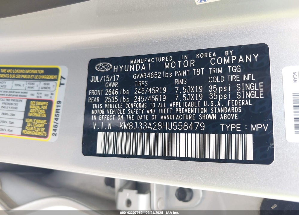 2017 HYUNDAI TUCSON VIN: KM8J33A28HU558479