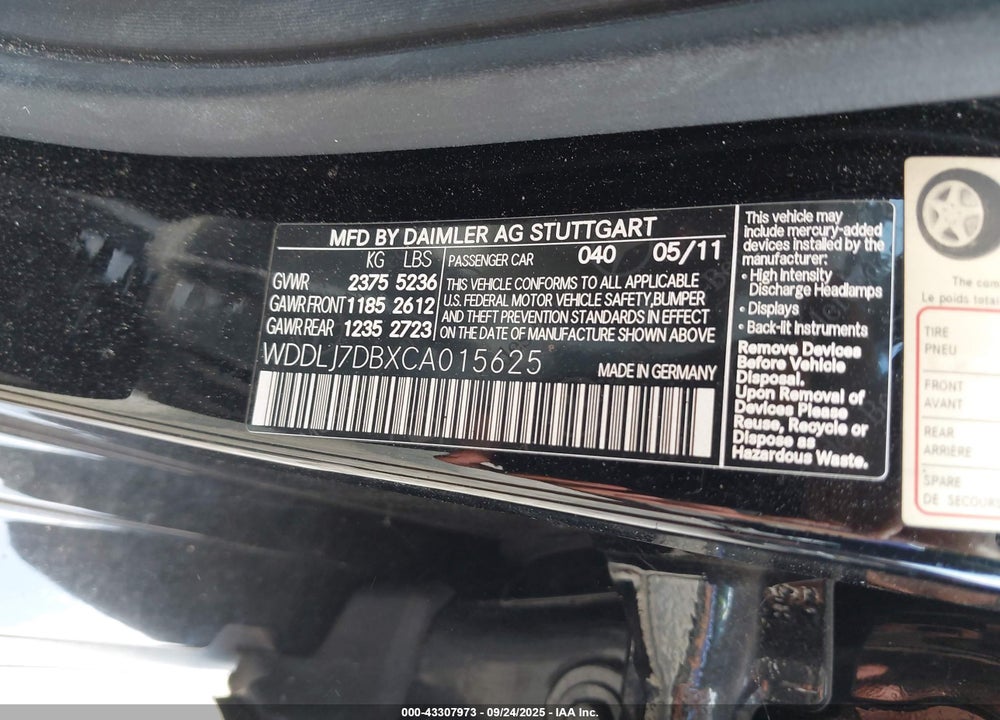 2012 MERCEDES-BENZ CLS CLASS VIN: WDDLJ7DBXCA015625
