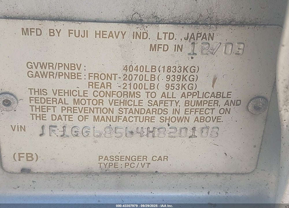 2004 SUBARU IMPREZA OUTBACK SPORT VIN: JF1GG68564H820108