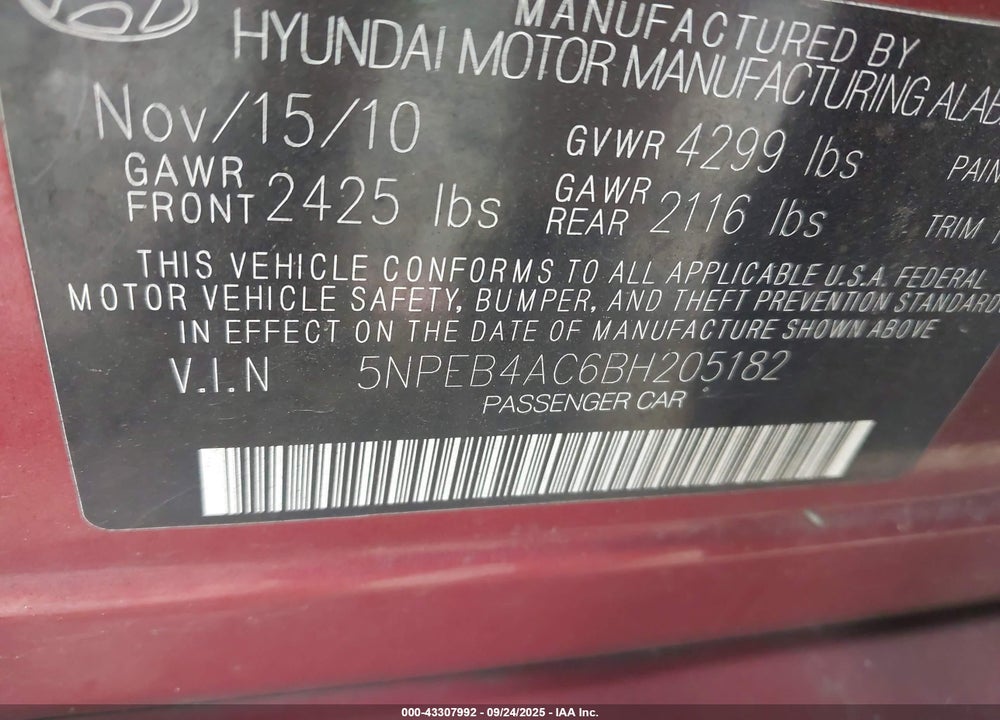 2011 HYUNDAI SONATA GLS VIN: 5NPEB4AC6BH205182