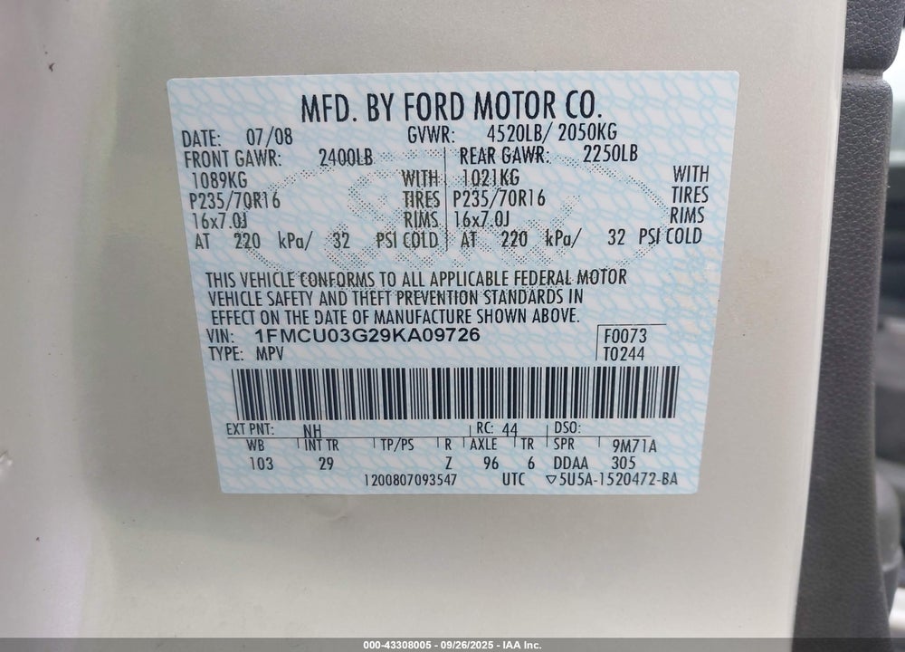 2009 FORD ESCAPE XLT VIN: 1FMCU03G29KA09726