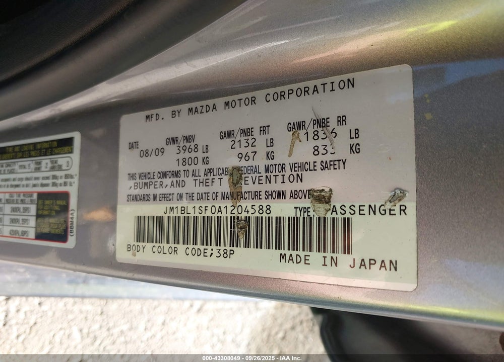 2010 MAZDA 3 VIN: JM1BL1SF0A1204588