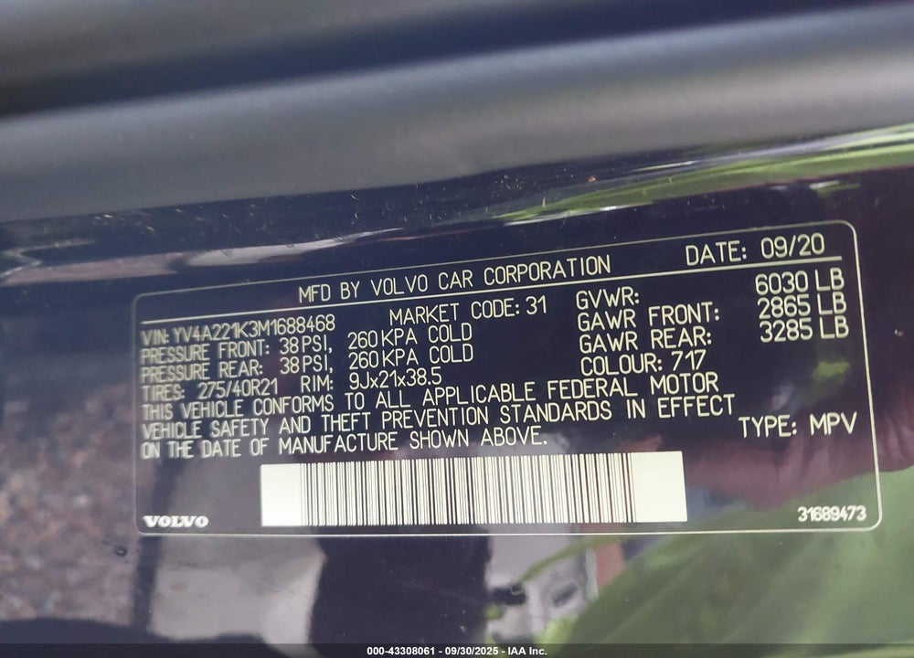 2021 VOLVO XC90 VIN: YV4A221K3M1688468