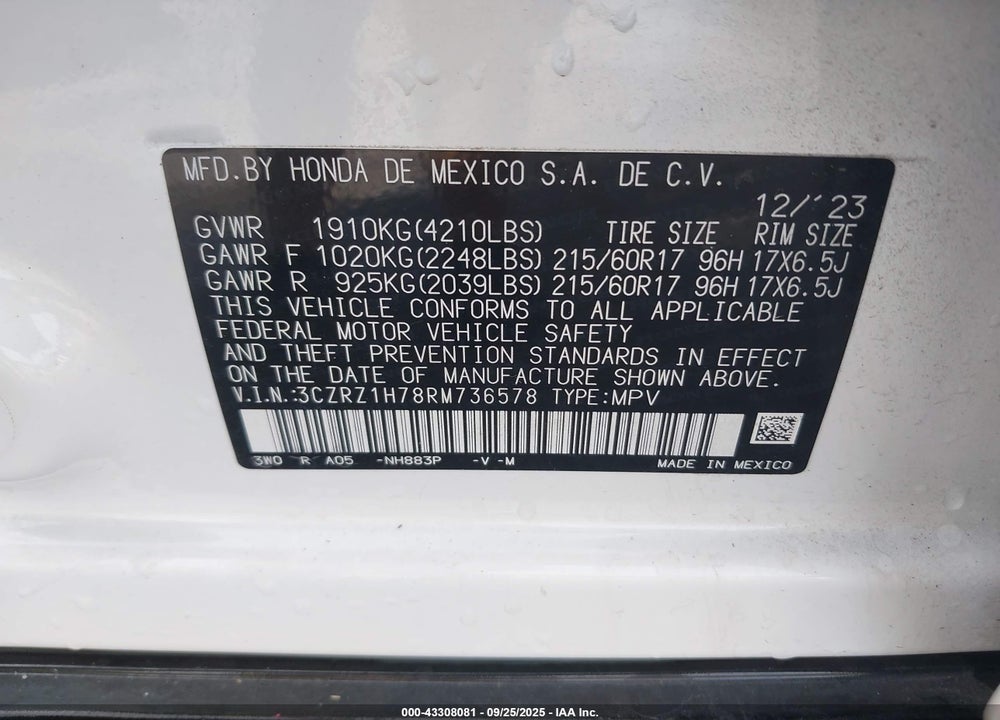 2024 HONDA HR-V VIN: 3CZRZ1H78RM736578