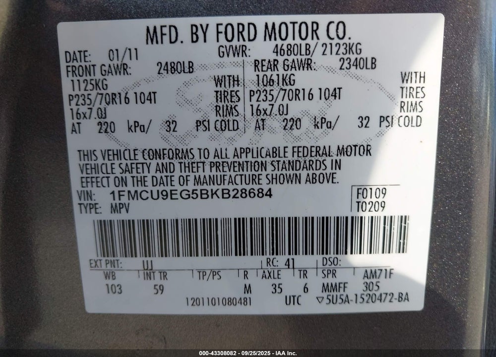 2011 FORD ESCAPE VIN: 1FMCU9EG5BKB28684