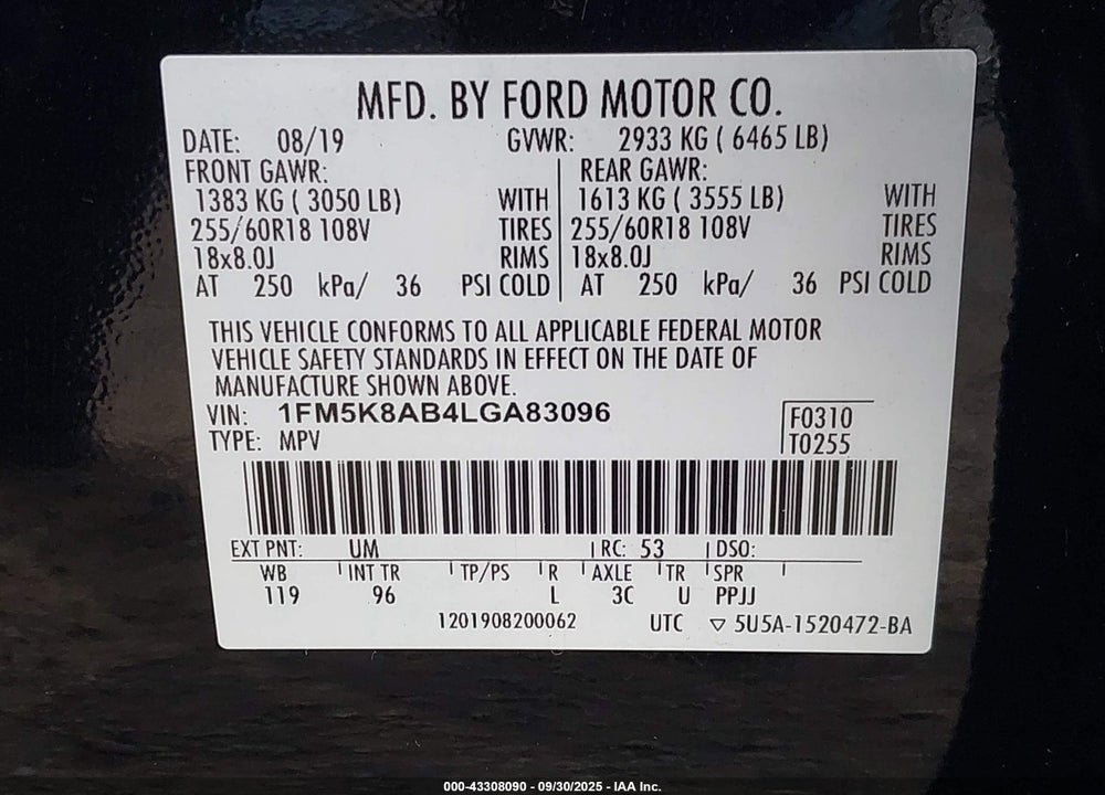 2020 FORD POLICE INTERCEPTOR VIN: 1FM5K8AB4LGA83096