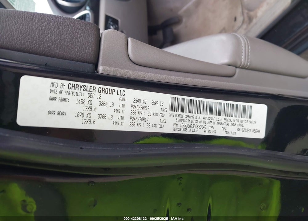 2013 JEEP GRAND CHEROKEE VIN: 1C4RJEAG3DC653343