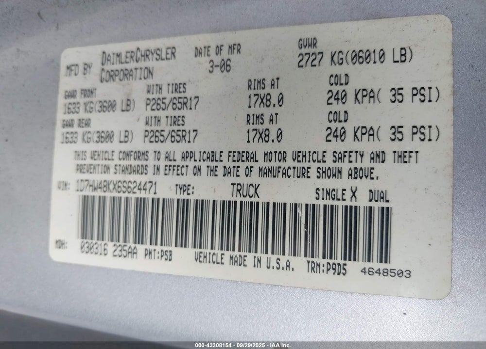 2006 DODGE DAKOTA SLT VIN: 1D7HW48KX6S624471