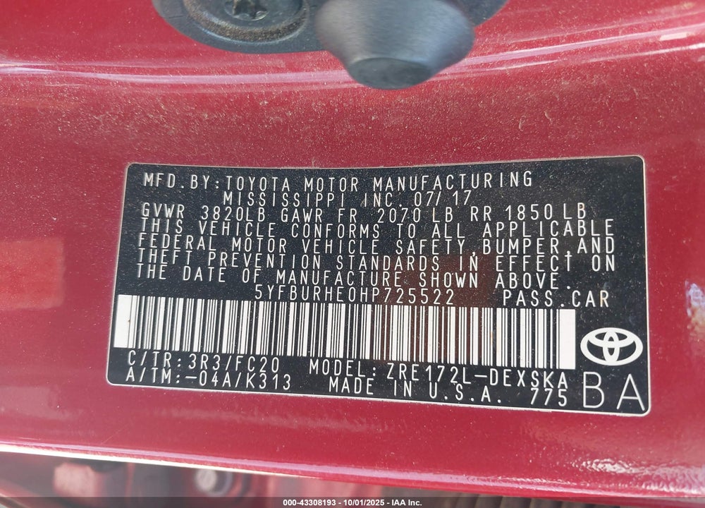 2017 TOYOTA COROLLA VIN: 5YFBURHE0HP725522