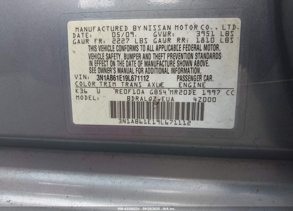 2009 NISSAN SENTRA VIN: 3N1AB61E19L671112