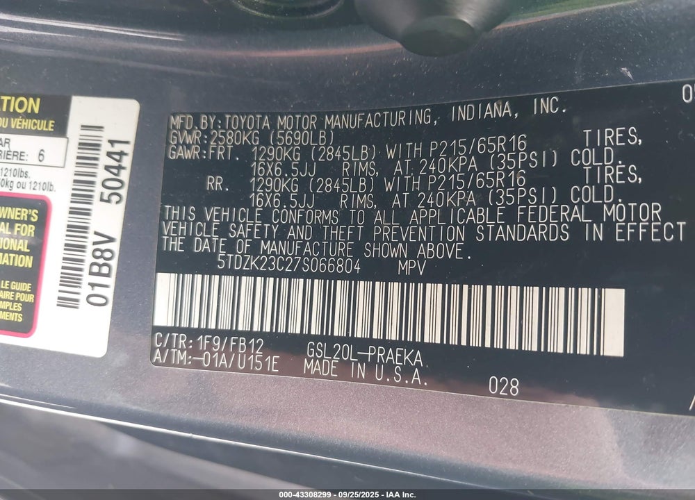 2007 TOYOTA SIENNA CE VIN: 5TDZK23C27S066804