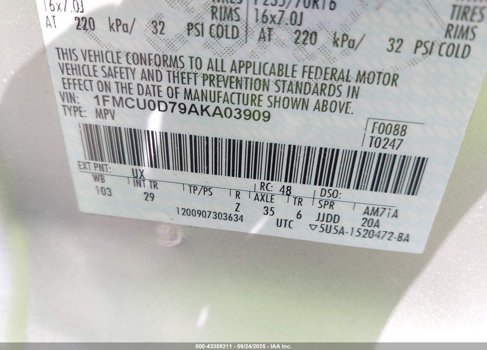 2010 FORD ESCAPE XLT VIN: 1FMCU0D79AKA03909