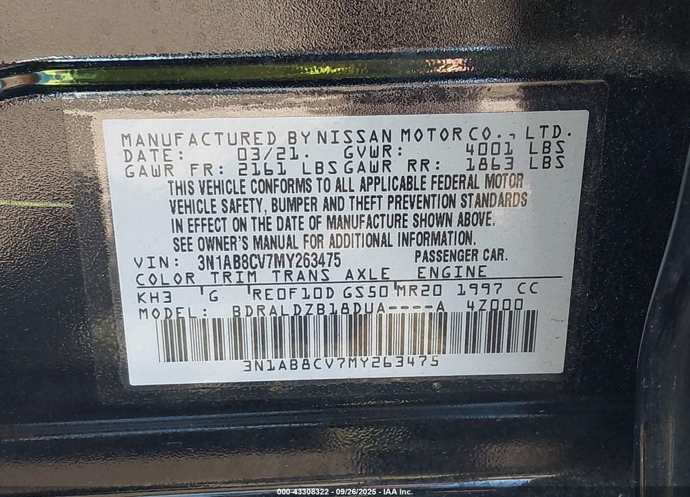 2021 NISSAN SENTRA SV XTRONIC CVT VIN: 3N1AB8CV7MY263475
