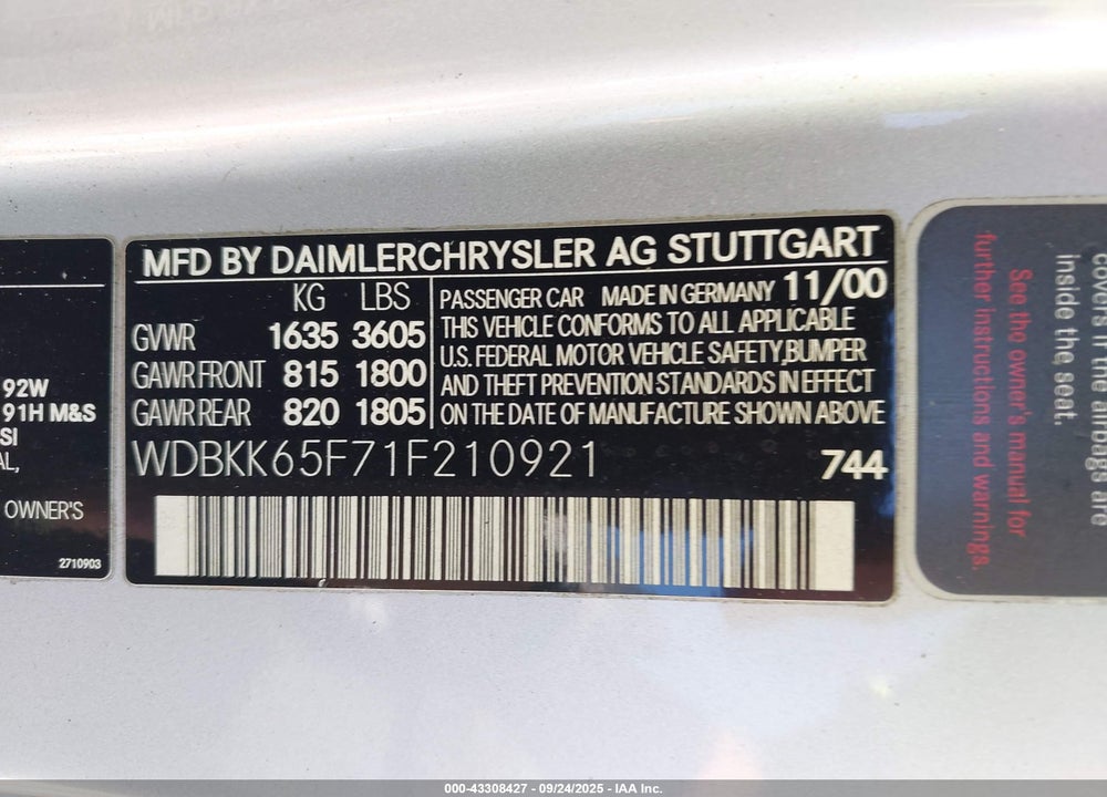 2001 MERCEDES-BENZ SLK 320 VIN: WDBKK65F71F210921