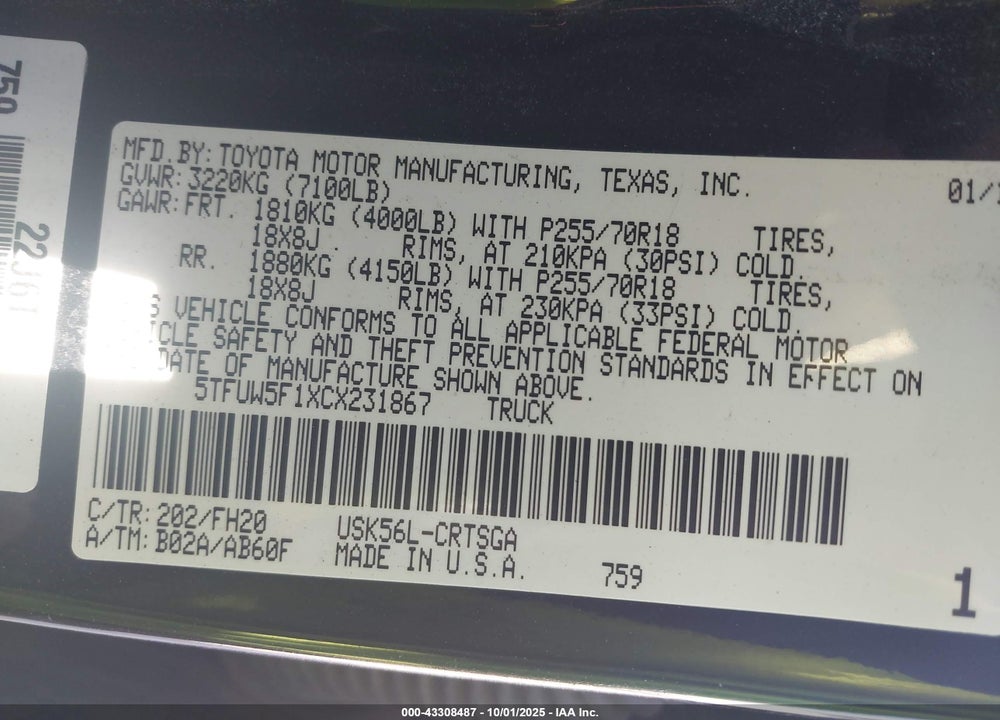 2012 TOYOTA TUNDRA VIN: 5TFUW5F1XCX231867