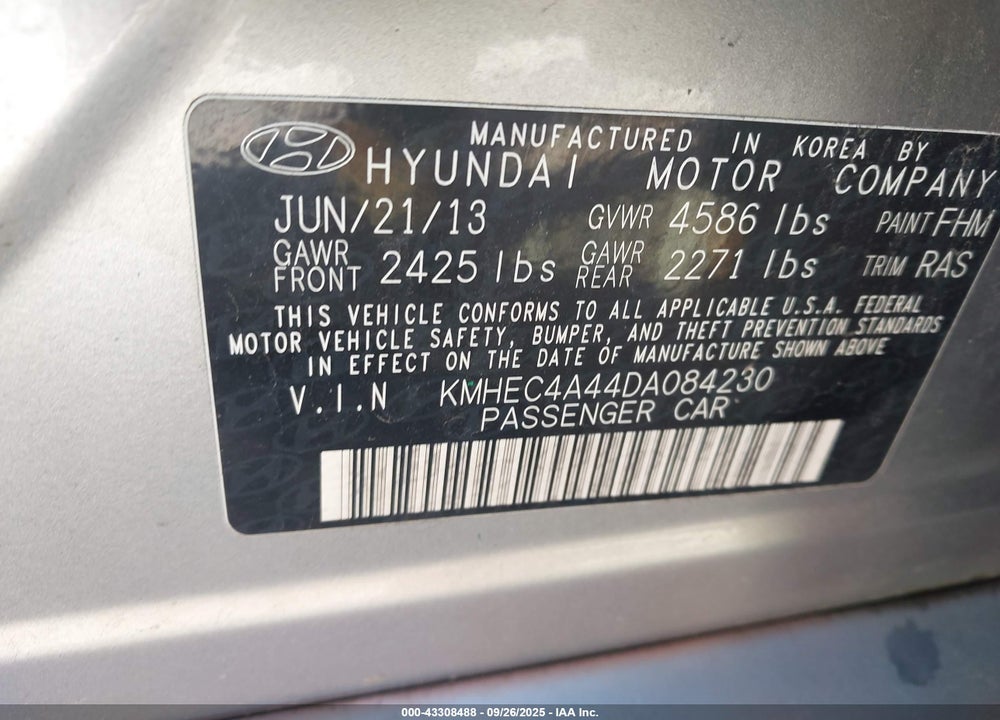 2013 HYUNDAI SONATA HYBRID VIN: KMHEC4A44DA084230