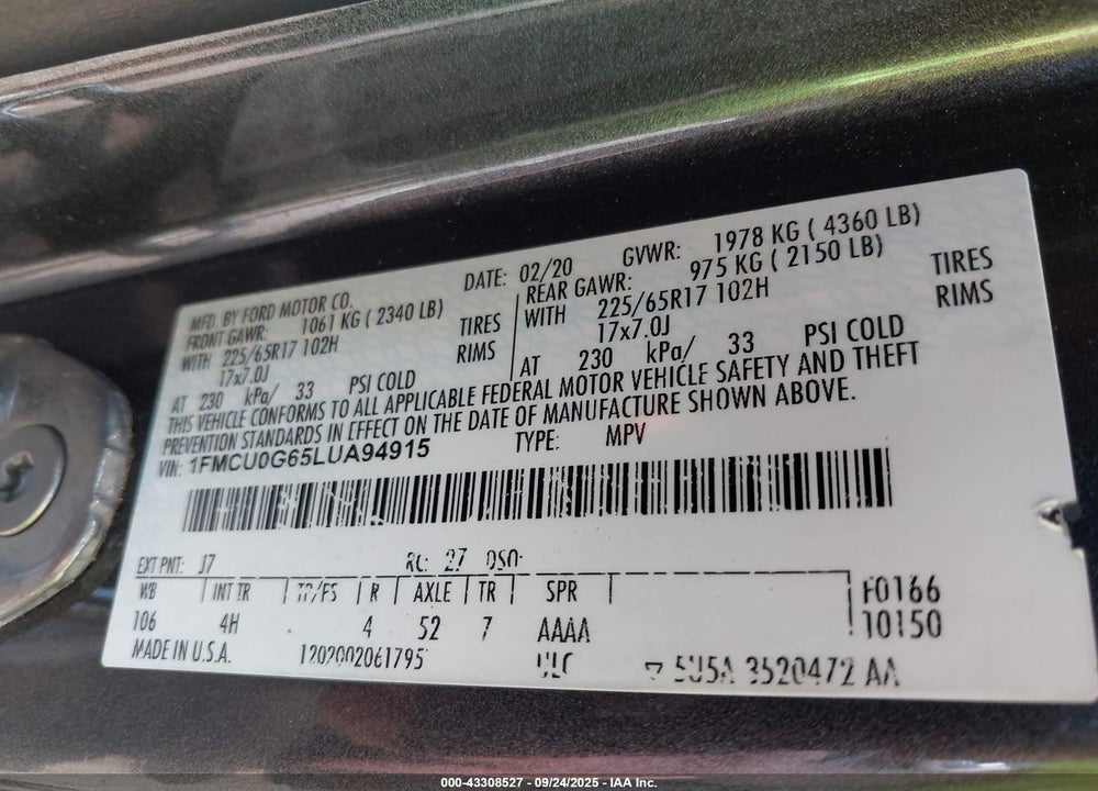 2020 FORD ESCAPE SE VIN: 1FMCU0G65LUA94915