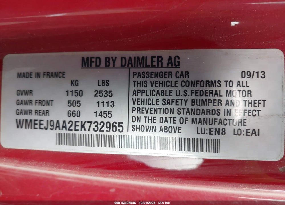 2014 SMART FORTWO VIN: WMEEJ9AA2EK732965