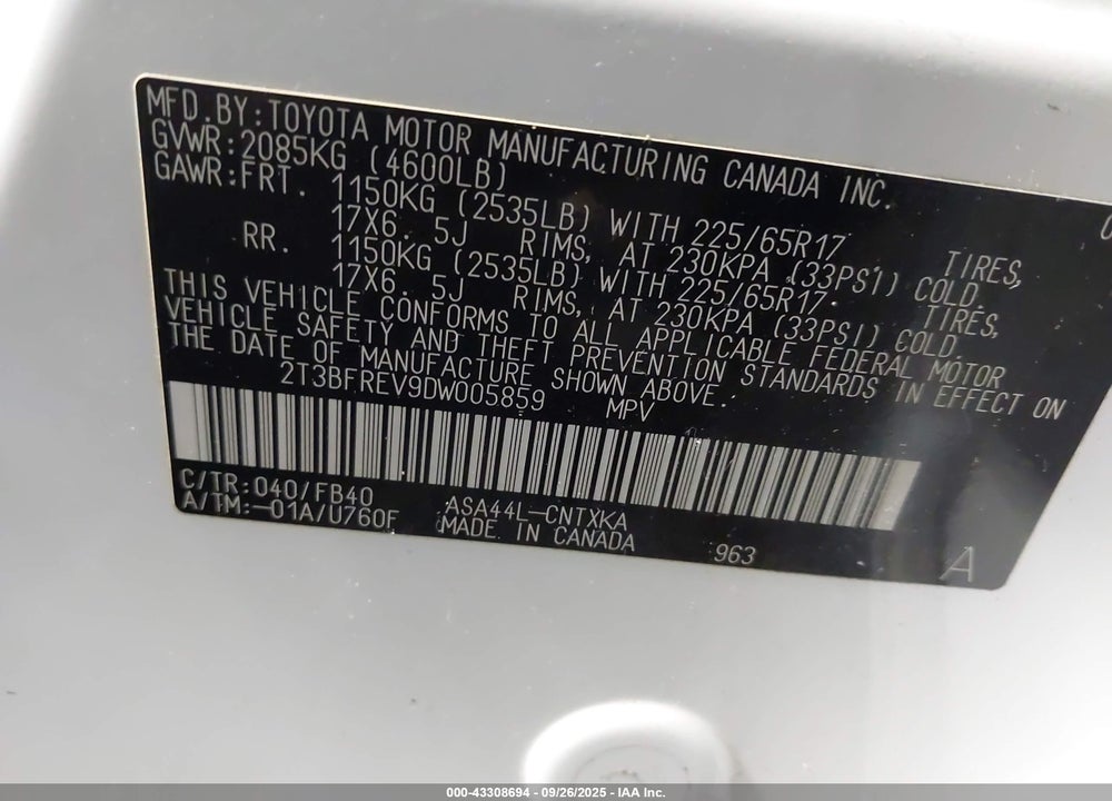 2013 TOYOTA RAV4 LE VIN: 2T3BFREV9DW005859