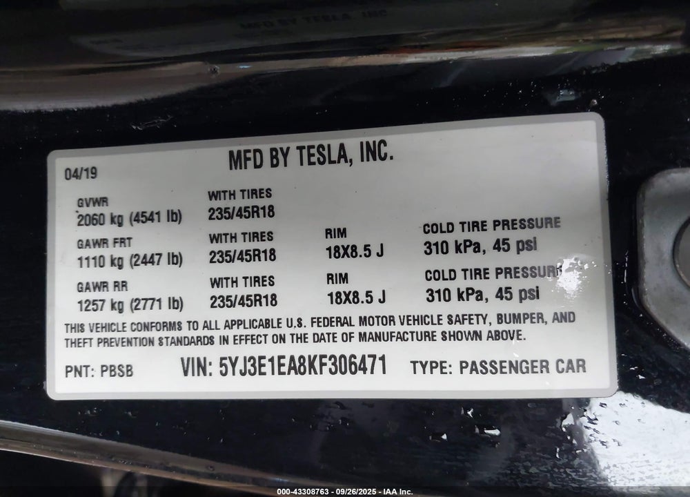 2019 TESLA MODEL 3 VIN: 5YJ3E1EA8KF306471