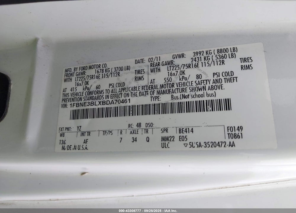 2011 FORD E-350 SUPER DUTY XL VIN: 1FBNE3BLXBDA70461